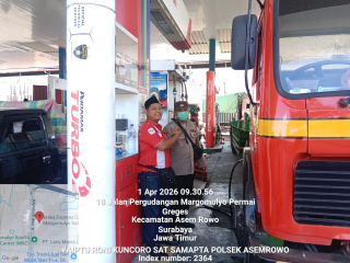 Patroli dan Pemantauan Polsek Asemrowo di SPBU Jalan Margomulyo, Antisipasi 3C dan Pastikan Situasi Kondusif